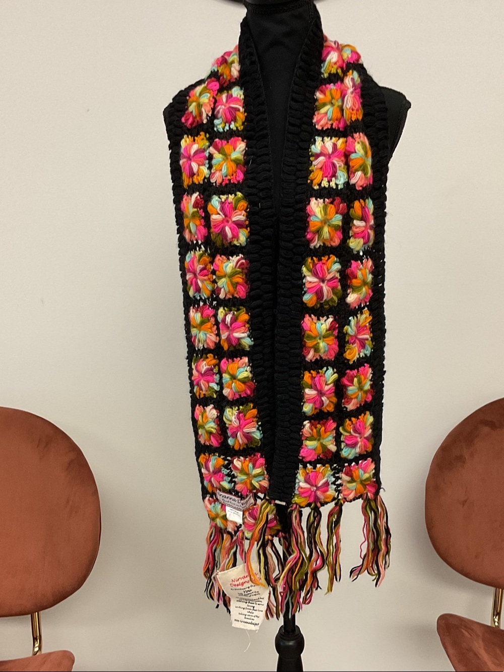 Handcrafted Black Scarf with Multicolor Floral Crochet Accents